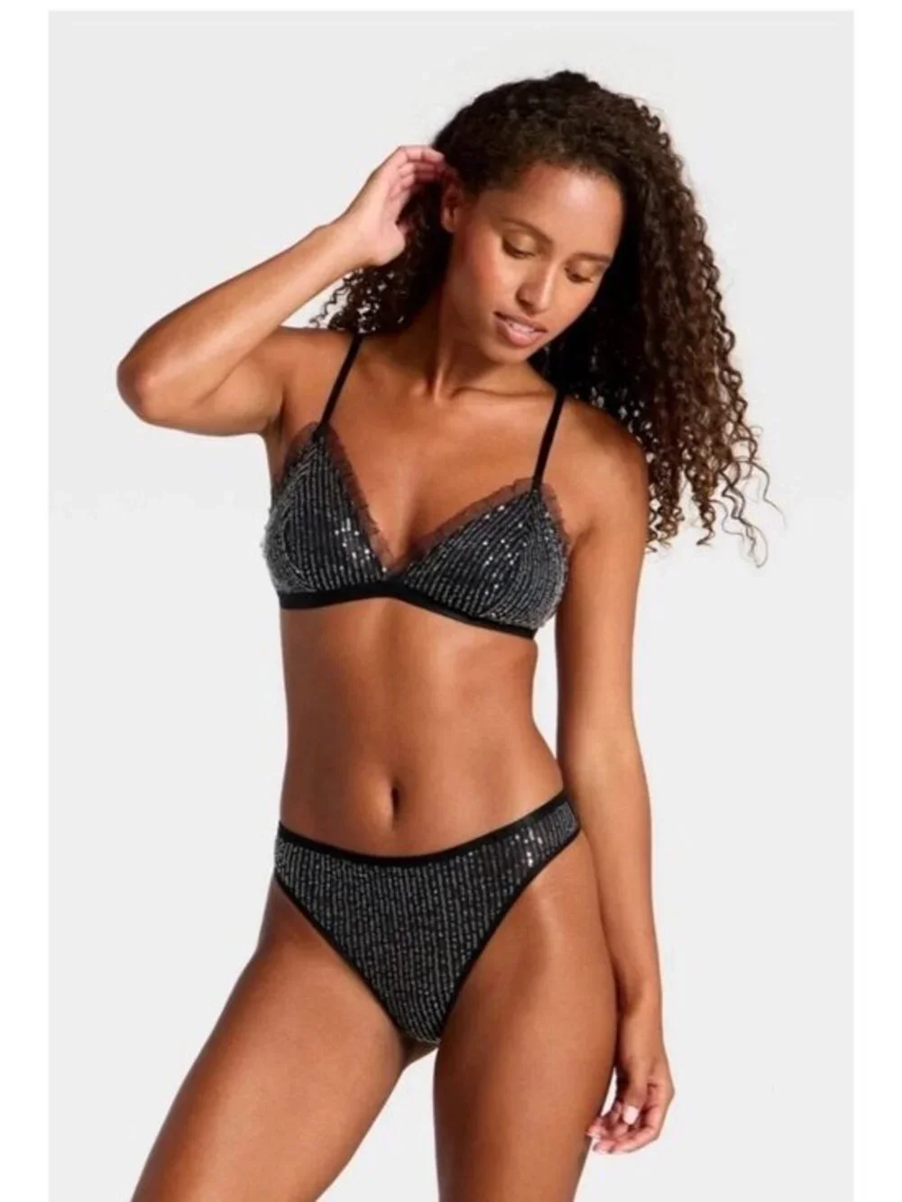 NWT Wild Fable Sequin Lace Bralette & Thong Underwear Set Black Size Small